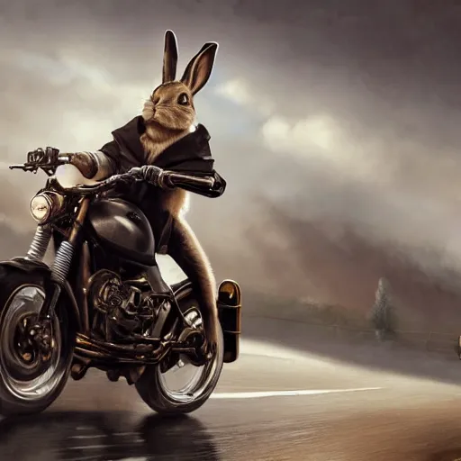 Image similar to a painting of a bunny wearing a leather jacket, riding a motorcycle, elegant, highly detailed, digital painting, artstation, concept art, matte, sharp focus, highly detailed, 4 k, hdr, smooth, sharp focus, high resolution, award - winning photo, photorealistic, art by artgerm and greg rutkowski and alphonse mucha, large shot