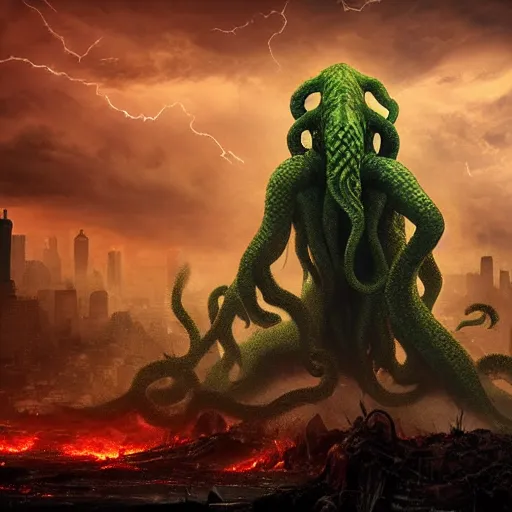 Prompt: cthulhu rising up from deep beneath a city, massive devastation, fires, buildings bieng destroyed, gloomy weather, lightning from above, volatile weather, chaos mysterious, ultra - realistic, super - resolution, ultra - hd, insanely detailed, super detailed
