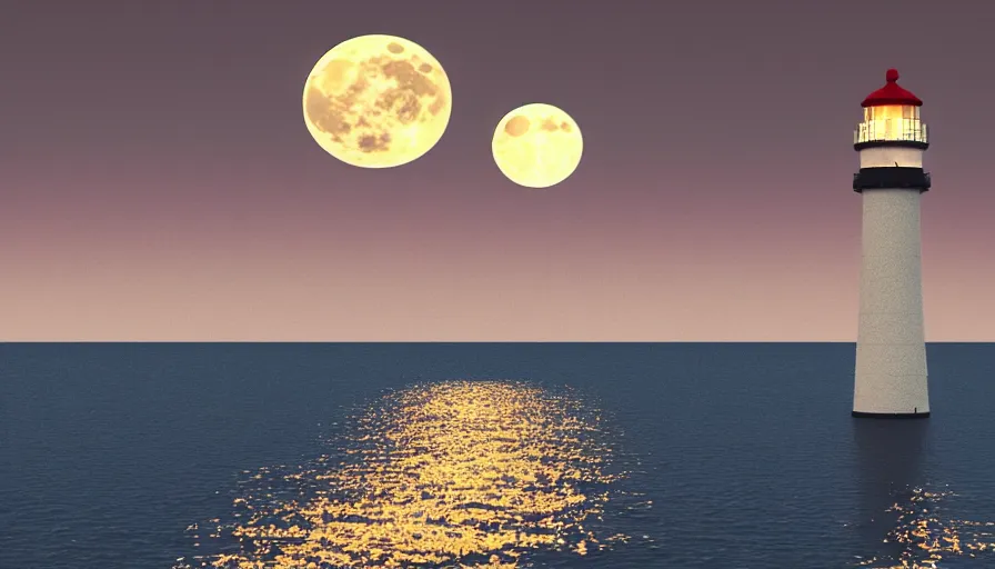 Image similar to a large full moon over a lighthouse out at sea, digital art, highly detailed, realistic, bright colors, 8 k