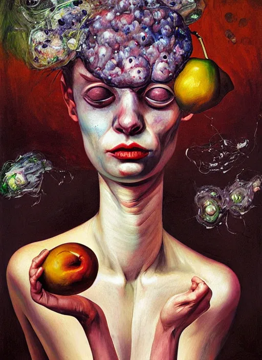 Image similar to Oil painting - She Eats of the Strangling Fruit and Her gossamer polyp blossoms bring iridescent fungal flowers whose spores black the foolish stars by Lucian Freud and Jenny Saville, Abstract brush strokes, Masterpiece, Edward Hopper and James Gilleard, Zdzislaw Beksinski, Mark Ryden, Wolfgang Lettl highly detailed, hints of Yayoi Kasuma