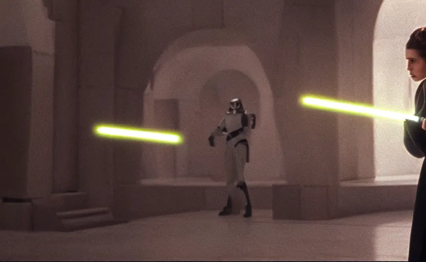 Image similar to screenshot portrait Leia learning to use a lightsaber at a new Jedi Temple scene from the last jedi, 1970s film by Stanley Kubrick, serene, iconic scene, stunning cinematography, hyper detailed, sharp, anamorphic lenses, kodak color film, 4k