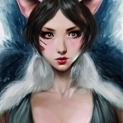 Prompt: beautiful woman with cat eyes and ears fantasy concept art, detailed by Adolf Lachman