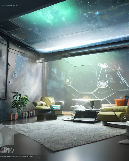 Image similar to artstation scifi scene of a safe room as ikea ad, lounge furniture, carpeted floor, sky mural on the room ceiling, holographic nature art walls, large terrarium, paneled walls, unreal engine 5, hyper realism, realistic shading, cinematic composition, blender render, octane render, hdr, detailed textures, photorealistic, wide shot