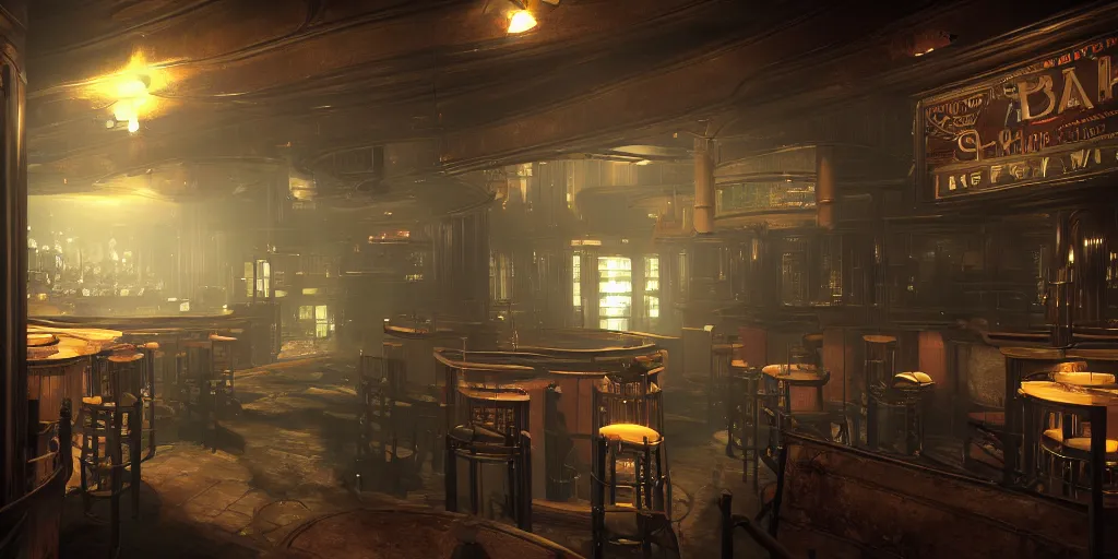 Image similar to In the world of rapture from the world of bioshock you are in a bar, there is a window that lets you see the whole city underwater and you are drinking a rum and coke