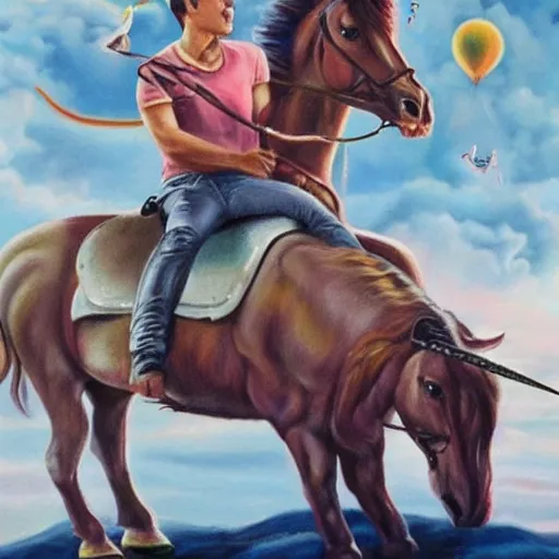 Prompt: an extremely high quality hd surrealism painting of elon musk riding a unicorn with emma watson's face