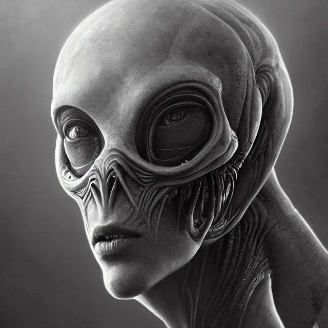 Image similar to Alien grey portrait, atmospheric lighting, painted, intricate, ultra detailed by Leesha Hannigan, Thierry Doizon, Kai Carpenter, well composed, best on artstation, cgsociety, epic, stunning, gorgeous, intricate detail, wow, masterpiece