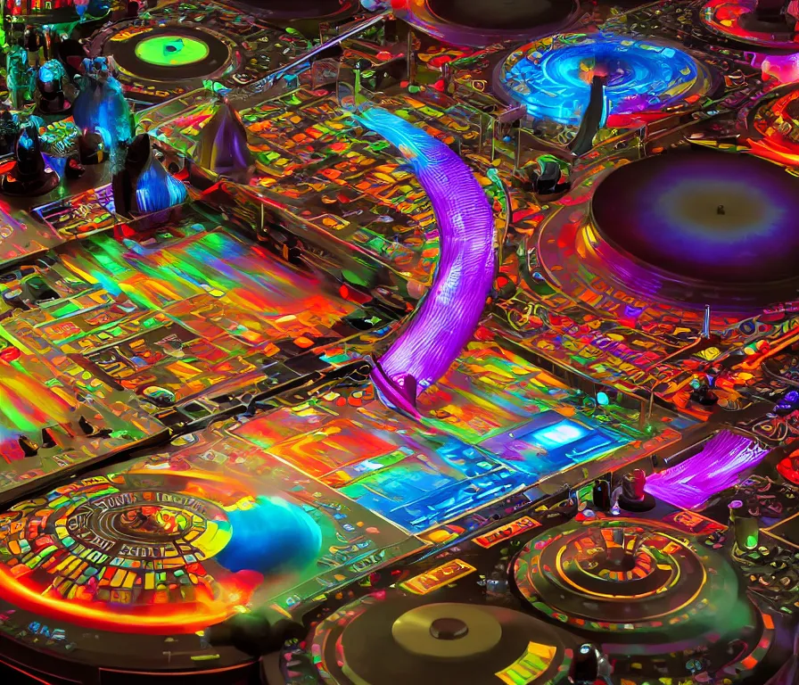 Prompt: colourful grandmaster flash dj turntables, afrofuturist biomorphic opart flowing scifi background, octane render 8 k, pascal blanche, josh kirby, roger dean, james jean, giger, arthur rackham, moebius, syd mead, killian eng beksinski, greg hildebrandt, scifi, 8 k,