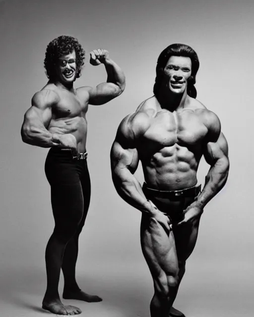 Prompt: young Steve Reeves dressed as Hercules and young Arnold Schwarzenegger dressed as Conan pose for Annie Leibovitz, Studio Lighting Hyperreal