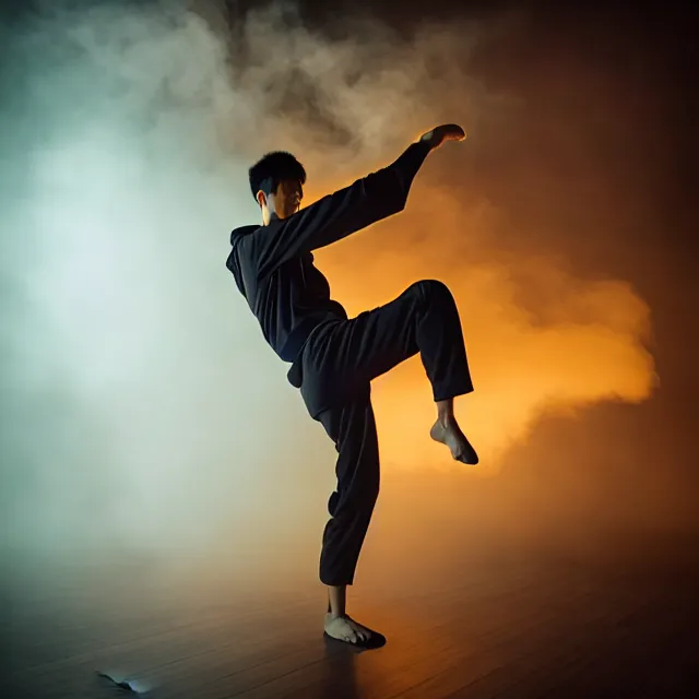 Image similar to wing chun training, detailed wooden dummy form, shanghai, cinematic neon uplighting, fog mist smoke, photorealistic, night photography by tomino - sama