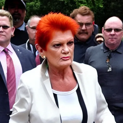 Image similar to Pauline Hanson unzipping her skin to reveal she is secretly a lizard people
