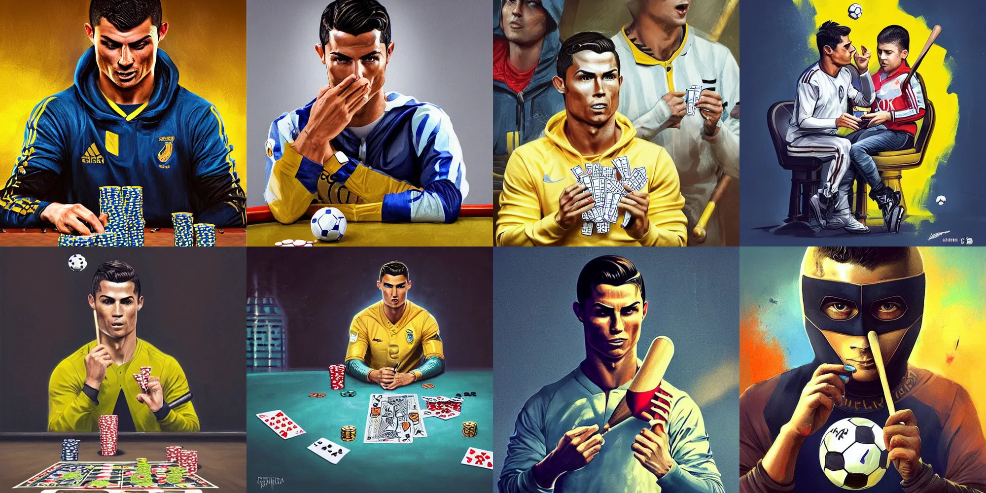 Prompt: The Cristiano Ronaldo and matryoshka plays poker with a bat, highly detailed, digital painting, artstation, concept art, smooth, detailed rusty armor, sharp focus, dystopian, cinematic, videogame cover art, illustration, fantasy, blue and yellow color theme, art by Artgerm and Greg Rutkowski and Alphonse Mucha