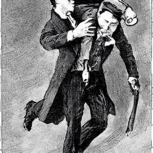 Image similar to Sherlock Holmes carrying Dr Watson on his back, in the style of Sidney Paget