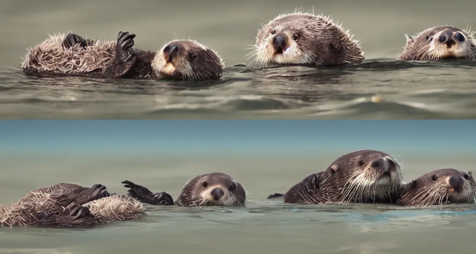 Image similar to cute northern sea otters floating in the sea, trending on artstation