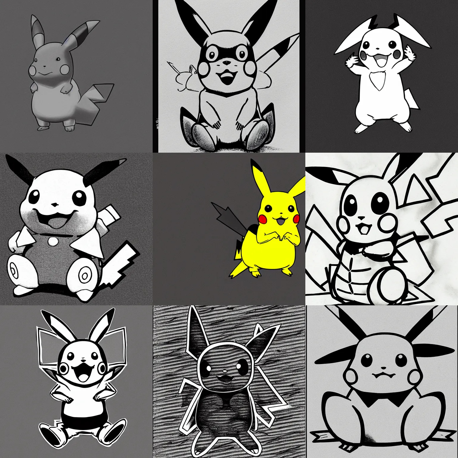 Prompt: a line art drawing of a black and yellow pikachu, reverse pikachu