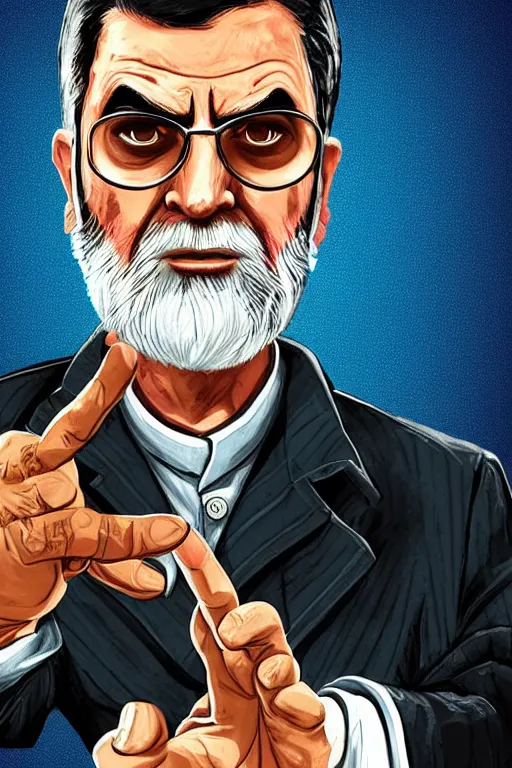 Image similar to angry ali khamenei, with pointing finger, delete unused layer, parallel content, hyperrealistic anatomy body content, violet polsangi pop art, gta chinatown wars art style, extreme quality masterpiece, bioshock infinite art style, incrinate, 2 color, white frame, content balance proportion