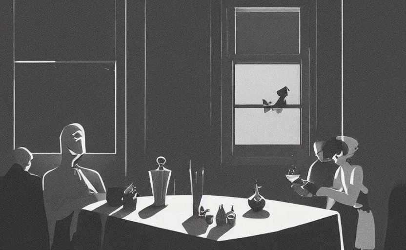 Prompt: a mysterious surreal dinner scene illustration by atey ghailan and escher and edward hopper, surreal