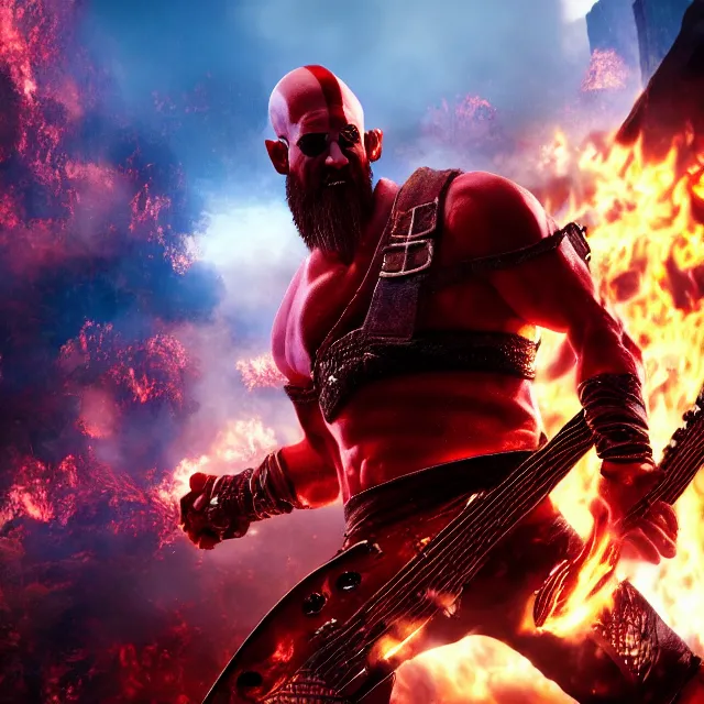 Prompt: sunglasses wearing kratos shredding on a flaming stratocaster guitar, cinematic render, god of war 2 0 1 8, santa monica studio official media, sunglasses, lightning, clear