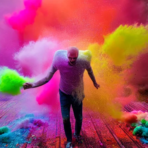 Image similar to a man dissolving in colorful powder explosion.