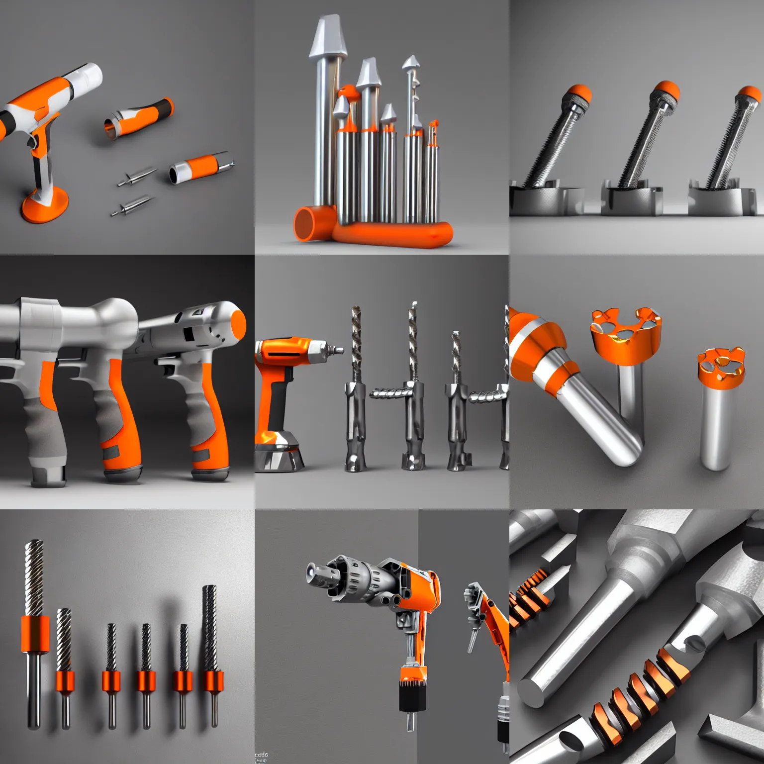 Prompt: cad render of 4 chrome metal drill bits, parametric solid works, studio photo, white and grey, orange details, octane render, photo realistic