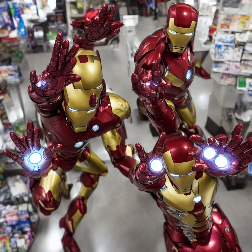 Image similar to Iron Man working as a 7/11 cashier, macro, wide shot, very detailed