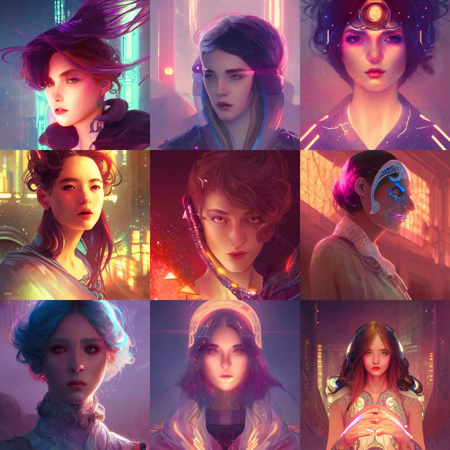 Prompt: portrait futuristic france mage female, neon light rooftop, fantasy, intricate and very very beautiful and elegant, highly detailed, digital painting, artstation, concept art, smooth and sharp focus, illustration, art by tan zi and ayanamikodon and alphonse mucha and wlop
