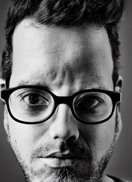 Prompt: black and white profile photo, studio photograph of a male andrea belluci wearing glasses the painter artist, anxiety and depression, intricate, elegant, highly detailed, hyper realistic, dark background, flickr, smooth, sharp focus, shot by canon