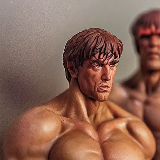 Prompt: rambo versus rocky, focused, mugshots, photoshoot, sharp details, face photo, face details sharp, by donato giancola and greg rutkowski and wayne barlow and zdzisław beksinski, eyeballs, product photography, action figure, sofubi, studio lighting, colored gels, colored background,