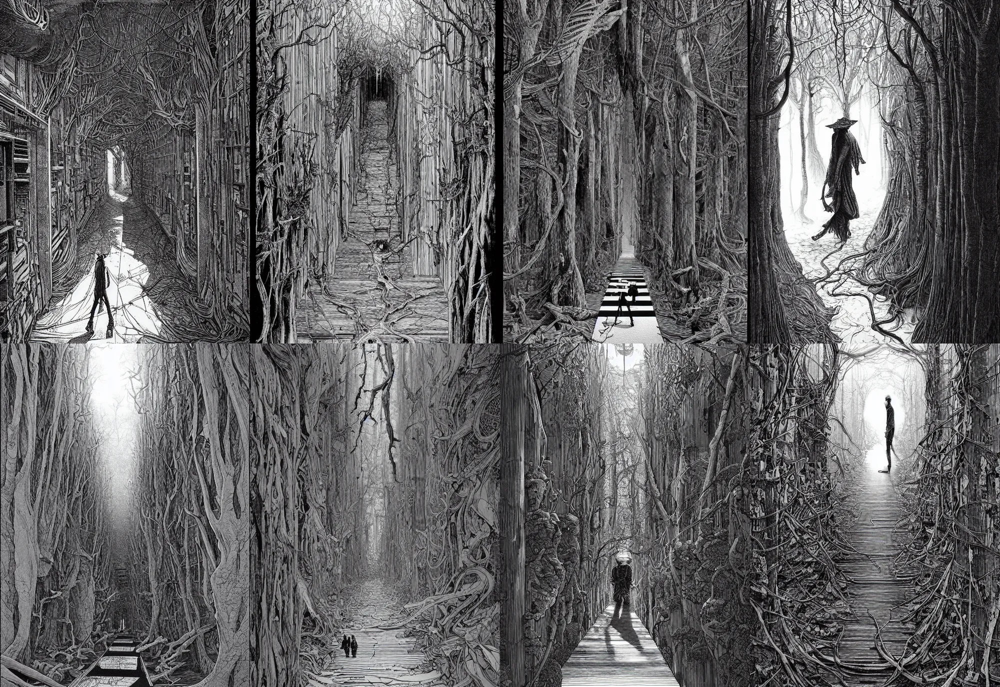 Prompt: walking in a giant old wood corridor, 2 meters, black and white illustration, by james jean and wayne barlowe and moebius