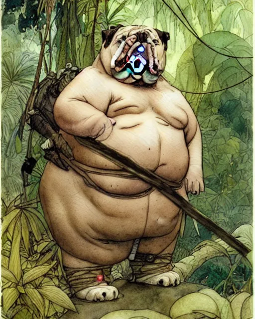 Prompt: a realistic and atmospheric watercolour fantasy character concept art portrait of a fat adorable chibi bulldog soldier in the jungle, by rebecca guay, michael kaluta, charles vess and jean moebius giraud