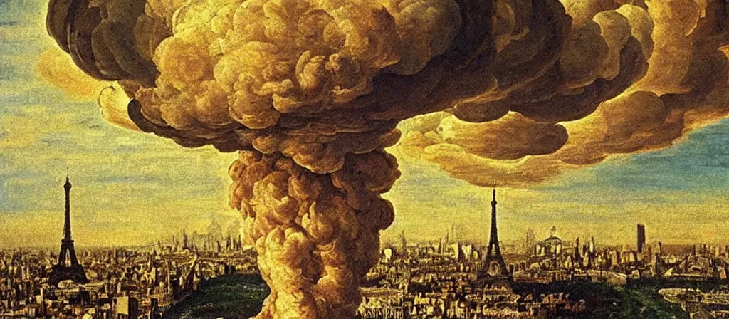 Prompt: nuclear mushroom cloud over the city of paris!!! renaissance painting!! majestic!! sad!