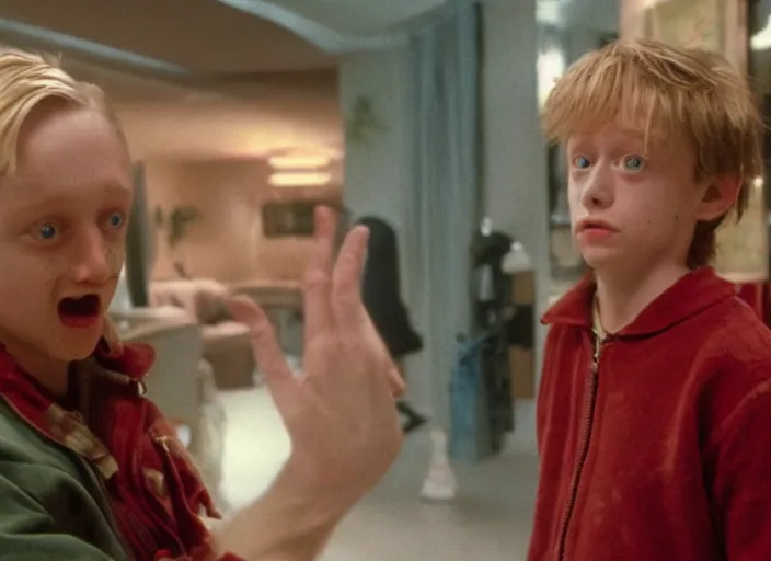 Prompt: the movie home alone starring the predator starring macaulay culkin vfx film