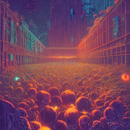 Prompt: warehouse rave at the docks at twilight glowsticks epic scene, by victo ngai, kilian eng vibrant colours, dynamic lighting, digital art, winning award masterpiece, fantastically beautiful, illustration, aesthetically inspired by beksinski and dan mumford, trending on artstation, art by greg rutkowski, 8 k