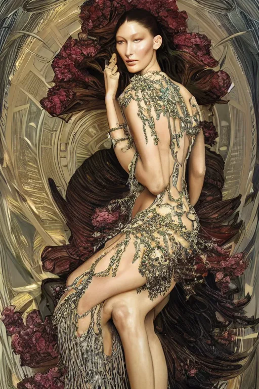 Image similar to a highly detailed painting of a beautiful alien goddess bella hadid in iris van herpen dress schiaparelli in diamonds in style of alphonse mucha art nuvo octane render