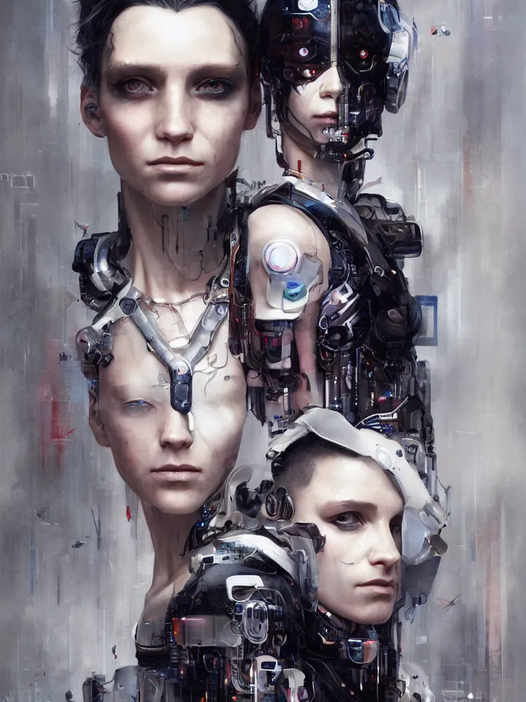 Image similar to a cyberpunk portrait of a gorgeous cyborg with hard white plastic and its milky android partner, in the movie Girl With The Dragon Tattoo, award-winning, masterpiece, in the style of Tom Bagshaw, Cedric Peyravernay, Peter Mohrbacher
