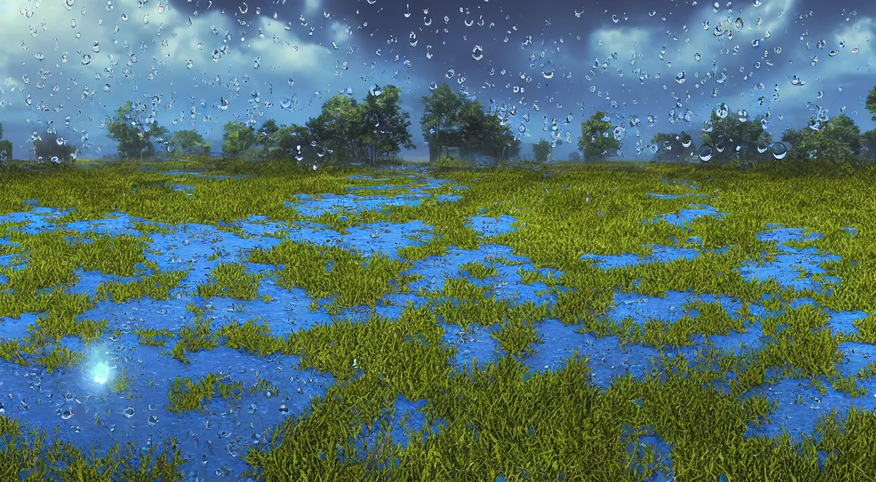 Prompt: very big raindrops floating in a perfect blue sunny sky above dead land, hyper detailed photorealistic, saturated colors