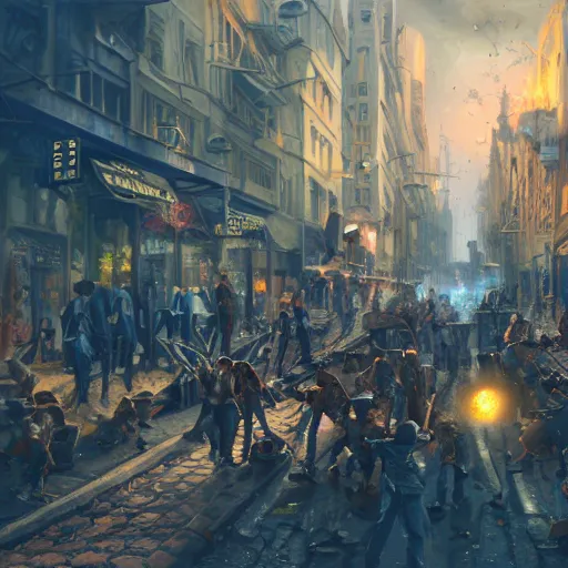 Prompt: oil painting of many hamsters, berets, guns, rocket launchers, close shot, medium shot, steampunk clothes, steampunk city background, sharp focus, fantasy style, octane render, volumetric lighting, 8k high definition, by greg rutkowski, highly detailed, trending on art Station, explosions, centered