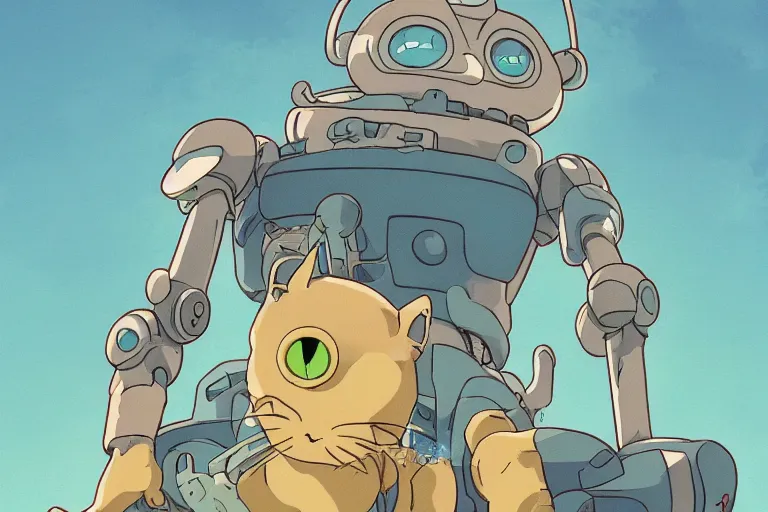 Prompt: A cell animation of a robot and a cat, Nausicaa of the Valley of the Wind, Miyazaki Hayao, ghibli style, illustration, azure tones, vintage colors, anime, trending on artstation