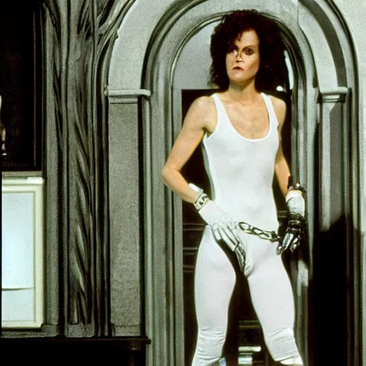 Image similar to detailed still of beautiful Ripley-Sigourney Weaver wearing a white singlet and cat Jonesy moving apartment New York City 1983, gothic building entrance way Art Deco H.R. Giger, cinematic feel, high octane