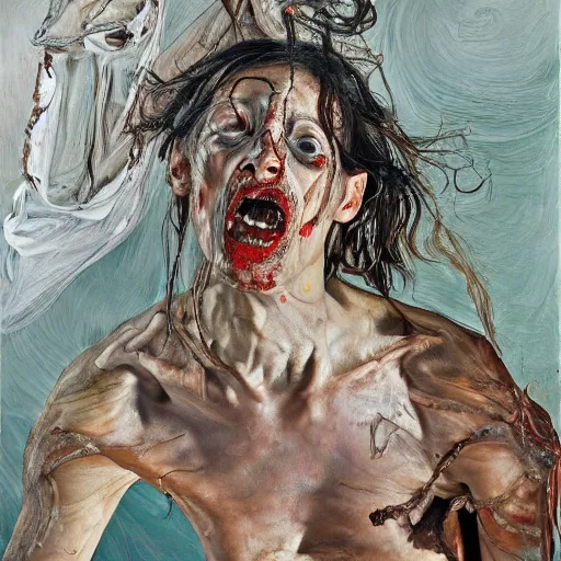Prompt: high quality high detail painting by lucian freud and jenny saville, hd, dark demonic dancer, turquoise