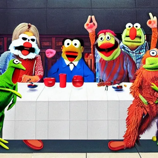 Image similar to the last supper but with Muppets