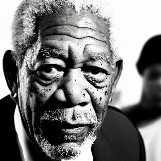 Image similar to a cinematic film still of Morgan Freeman starring in Boyz N The Hood, portrait, 40mm lens, shallow depth of field, close up, split lighting, cinematic