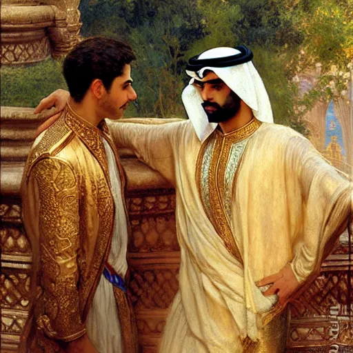 Image similar to attractive arab king confesses his love for his attractive male prince, in balcony of palace, above a river,. highly detailed painting by gaston bussiere, craig mullins, j. c. leyendecker