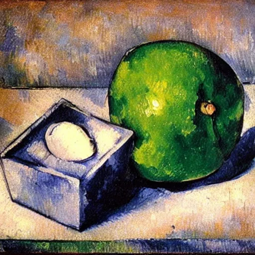 Prompt: painting of an ice cube and a lime slice in dark background, by Paul Cézanne.