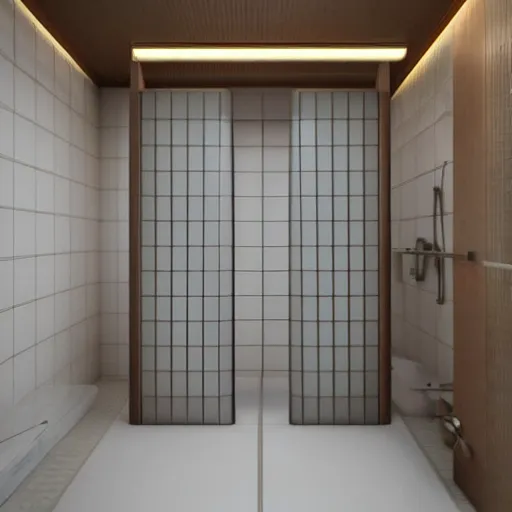 Prompt: still photo of a japanese shower in bathroom, highly detailed, photorealistic portrait, bright studio setting, studio lighting, crisp quality and light reflections, unreal engine 5 quality render