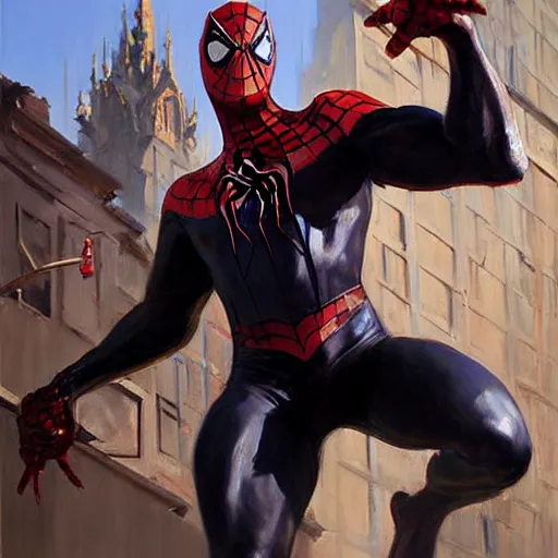 Image similar to greg manchess portrait painting of a dark venomous iron spiderman as overwatch character, medium shot, asymmetrical, profile picture, organic painting, sunny day, matte painting, bold shapes, hard edges, street art, trending on artstation, by huang guangjian, gil elvgren, ruan jia, greg rutkowski, gaston bussiere