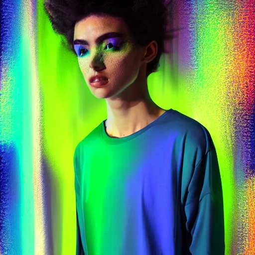 Prompt: ethereal long sleeve t shirt made of blue and green light, divine, cyberspace, mysterious, dark high-contrast concept art