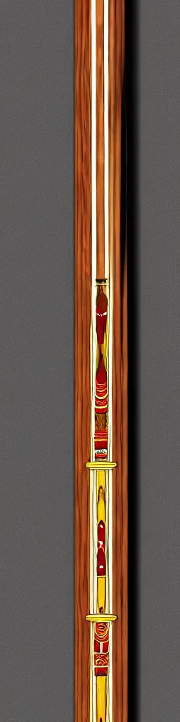 Image similar to single wooden long straight thin ninja fighting staff decorated with oriental ornaments, polished, weapon, highlight, vertical, centred, highly symmetric, sci - fi, fantasy, japan, dnd, close shot, bright uniform background, directional lighting, digital art, hyperrealism, award winning, 8 k