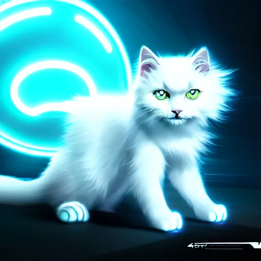 Image similar to tron legacy white fluffy cat, hyper realistic, concept art, intricate, hyper detailed, smooth, dynamic volumetric lighting, cinematic, high quality, high resolution, 4 k, cgsociety, rutkowski, gurney, alphonse mucha