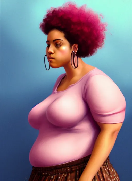 Image similar to full body portrait, teenage vanessa morgan, pink hair, brown skin, obese, curly pixie hair, sultry, realistic, short hair, hoop earrings, skirt, shirt, fat, belly, intricate, elegant, highly detailed, digital painting, artstation, concept art, smooth, sharp focus, illustration, art by wlop, mars ravelo and greg rutkowski