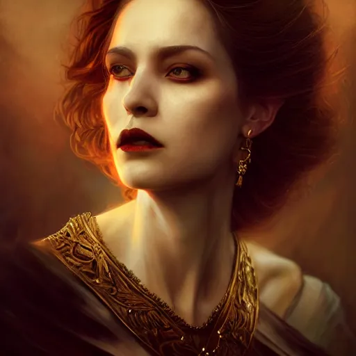 Image similar to majestic gracious regal aristocratic female vampire portrait, atmospheric lighting, painted, ravenous, tempestuous, menacing, intricate, volumetric lighting, beautiful, rich deep colours masterpiece, golden hour, sharp focus, ultra detailed, by leesha hannigan, ross tran, thierry doizon, kai carpenter, ignacio fernandez rios